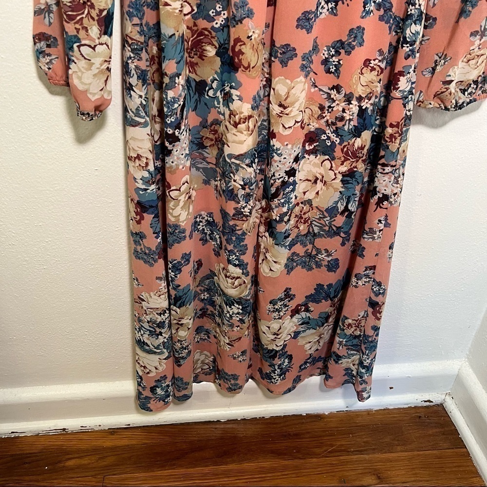 Wayf Women's Size Small Midi Dress Light Pink Teal Beige Floral Long Sleeve - Picture 6 of 14